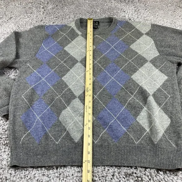 Jos A Bank Crewneck Sweater Mens Size Large Gray & Blue Argyle Lambswool Blend - Picture 8 of 9